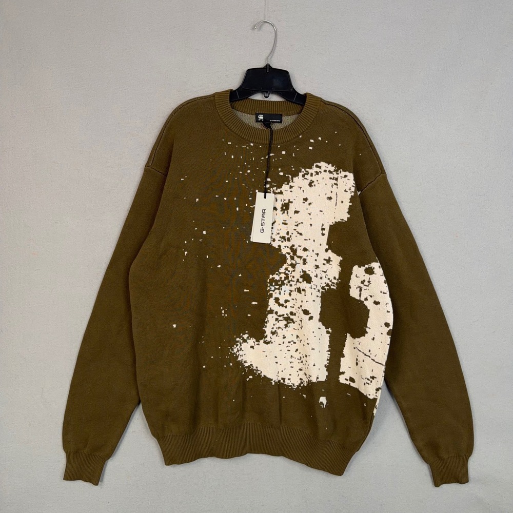 G-Star RAW Sweater Mens XL Dark Olive Sprayed 89 GR Relaxed Knit Eyebird Cotton